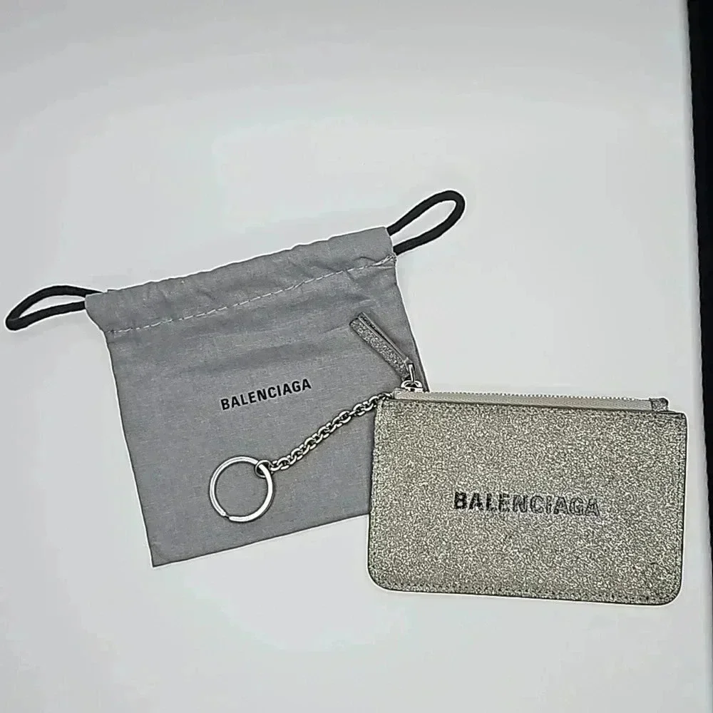 Balenciaga Silver Glitter Zippy Pouch with Key Ring, dust bag included